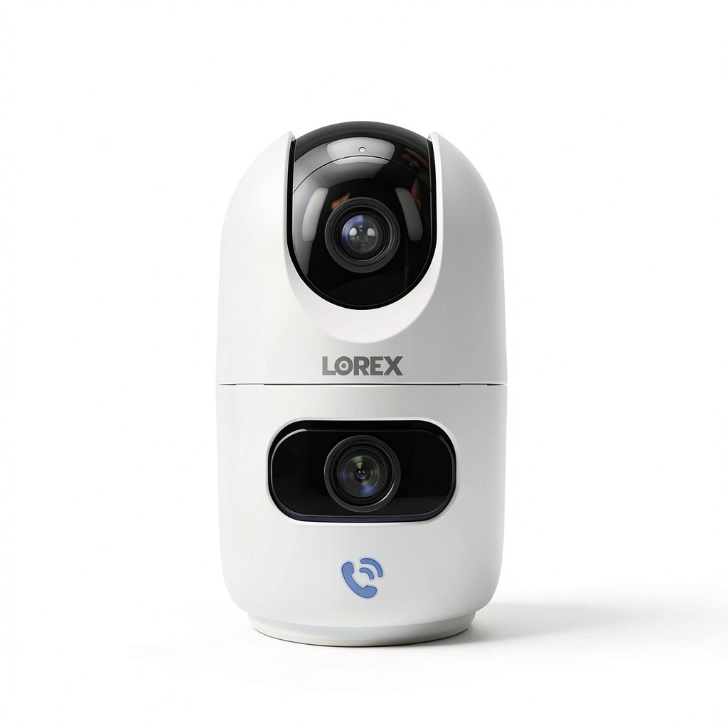 Lorex 2K dual lens camera showing pan-tilt and fixed lens setup