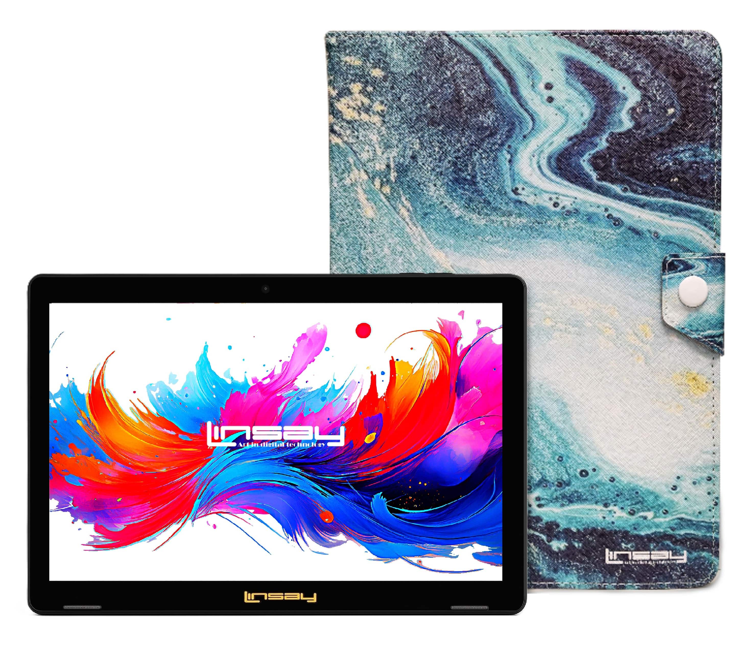 LINSAY 10.1 Inch Android 15 Tablet running multiple apps simultaneously on a desk