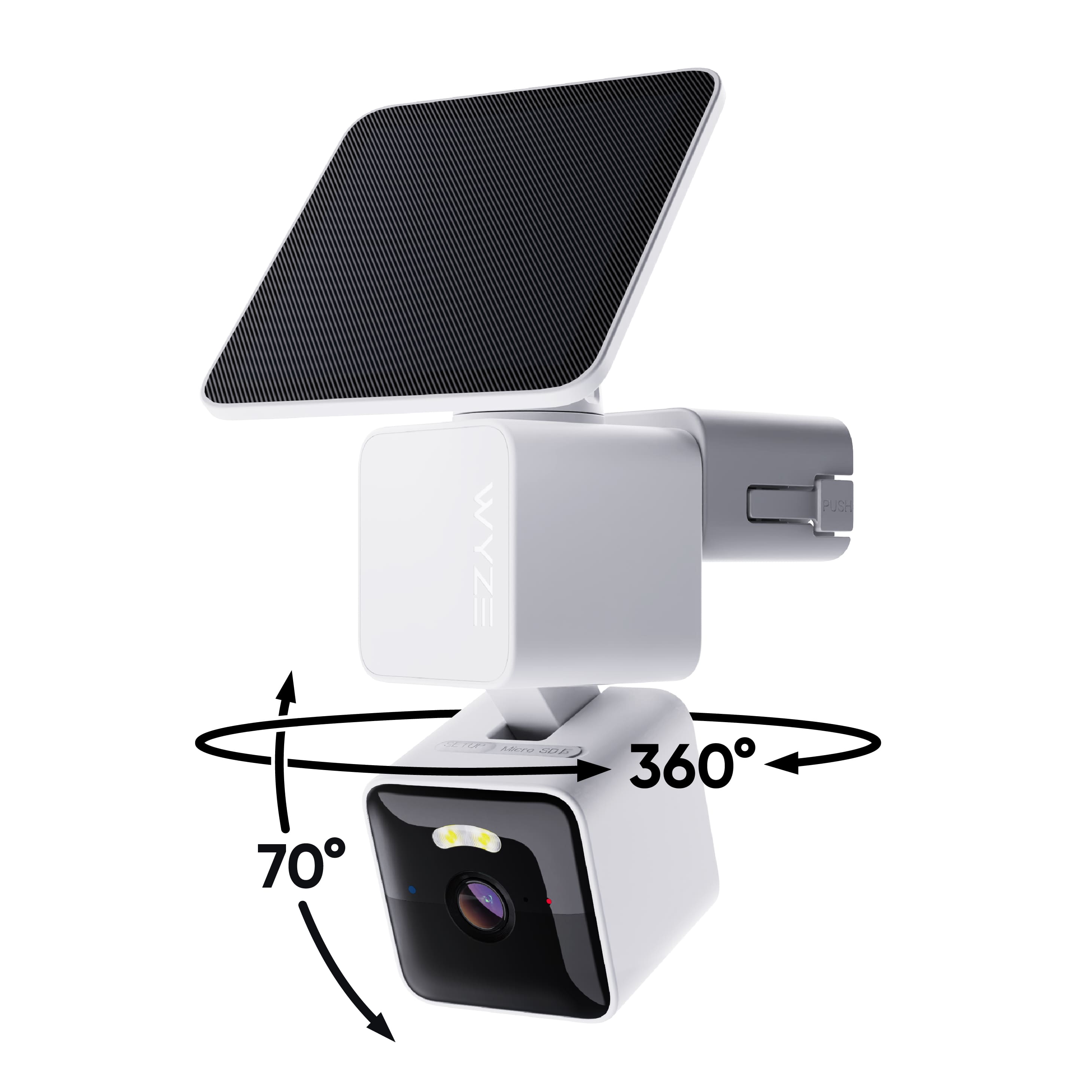 Wyze Solar Cam Pan installed on an outdoor wall with solar panel attached