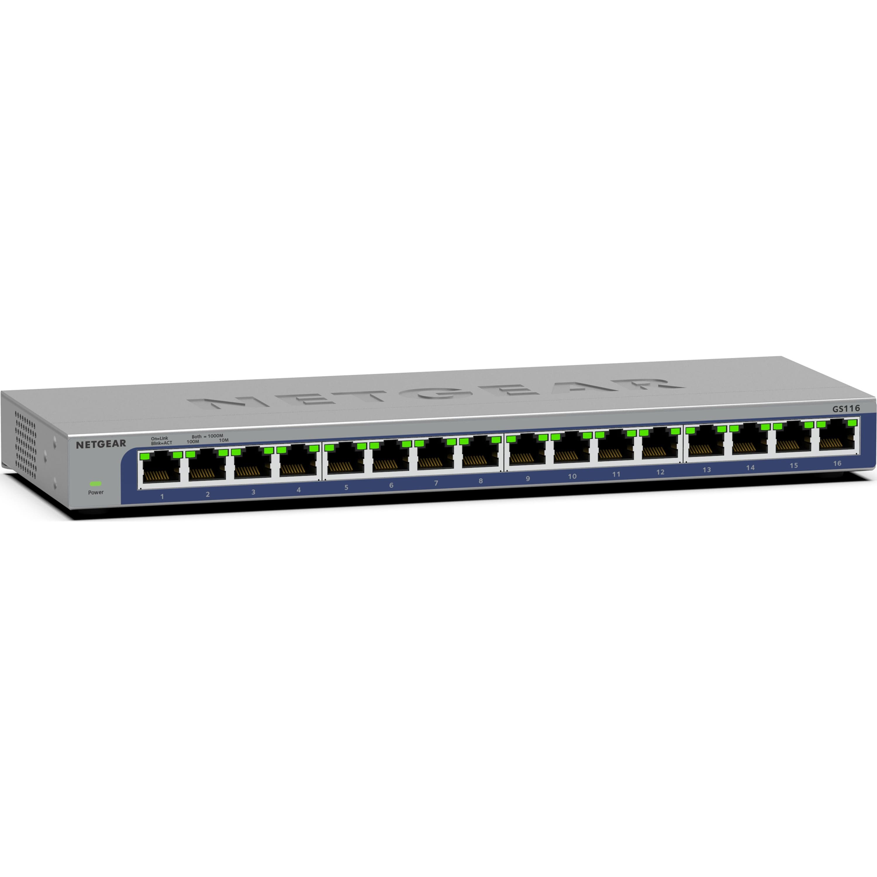 NETGEAR 16-port Gigabit switch connected to multiple devices in an office setup