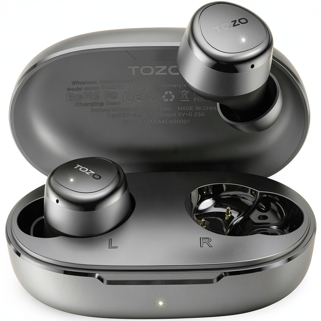 Installing TOZO E1 Wireless Earbuds Lightweight Comfortable Bluetooth on a wooden desk