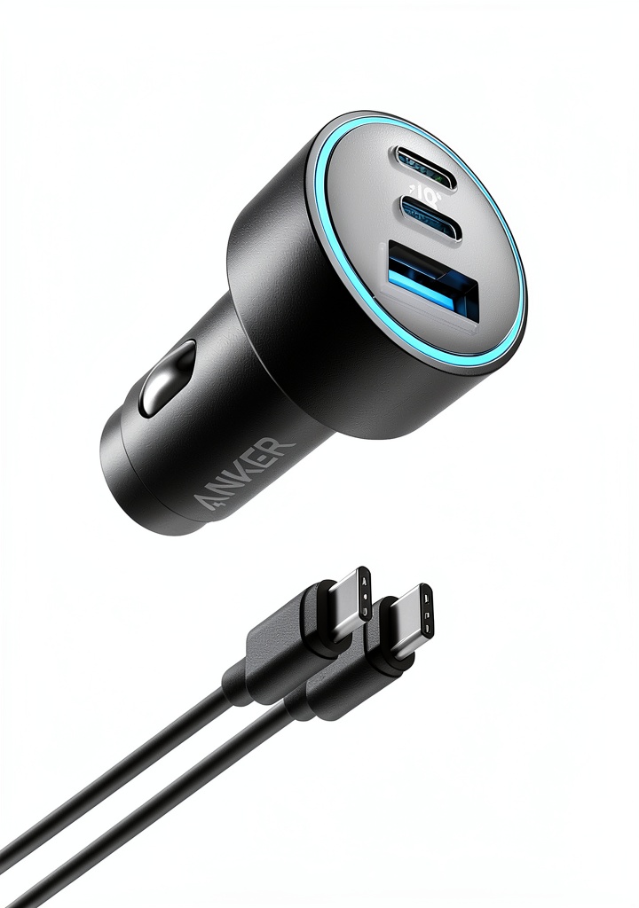 Anker 535 Car Charger plugged into a car outlet with multiple devices connected