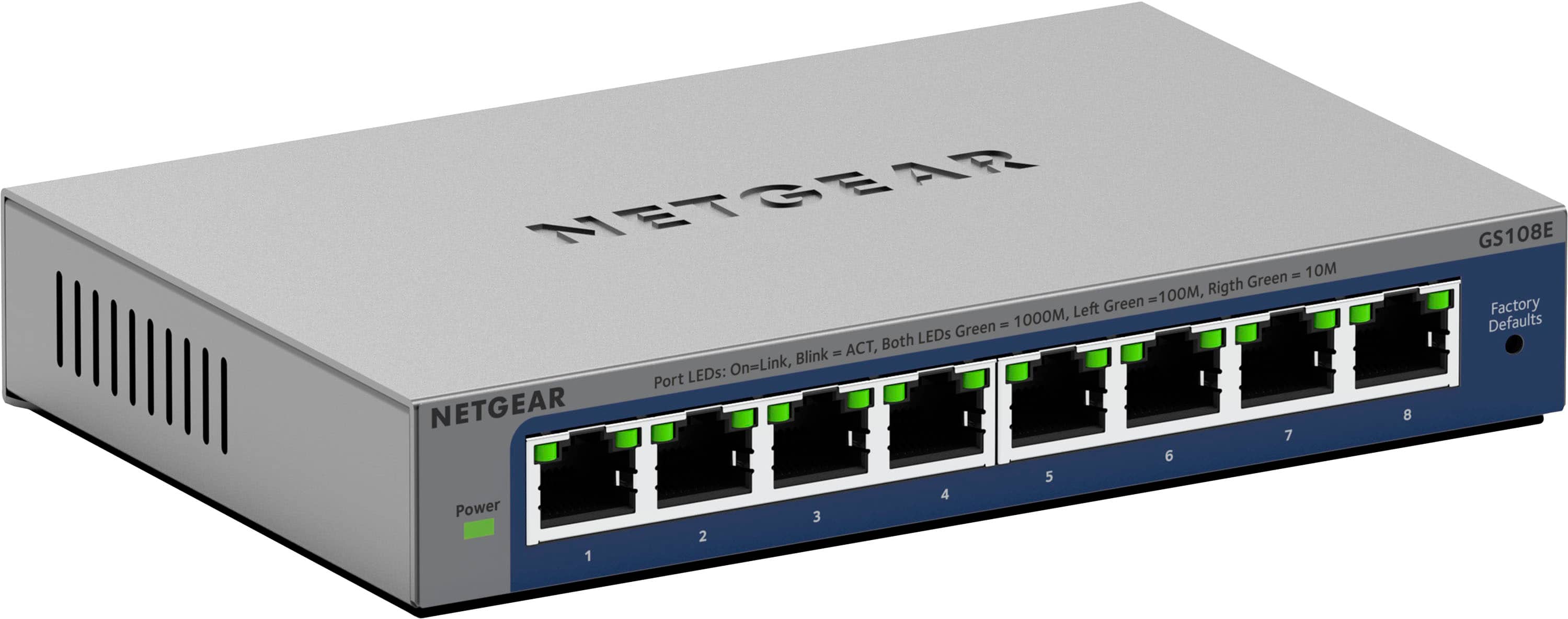 NETGEAR 8 Port Gigabit Ethernet Switch Gray on a desk setup