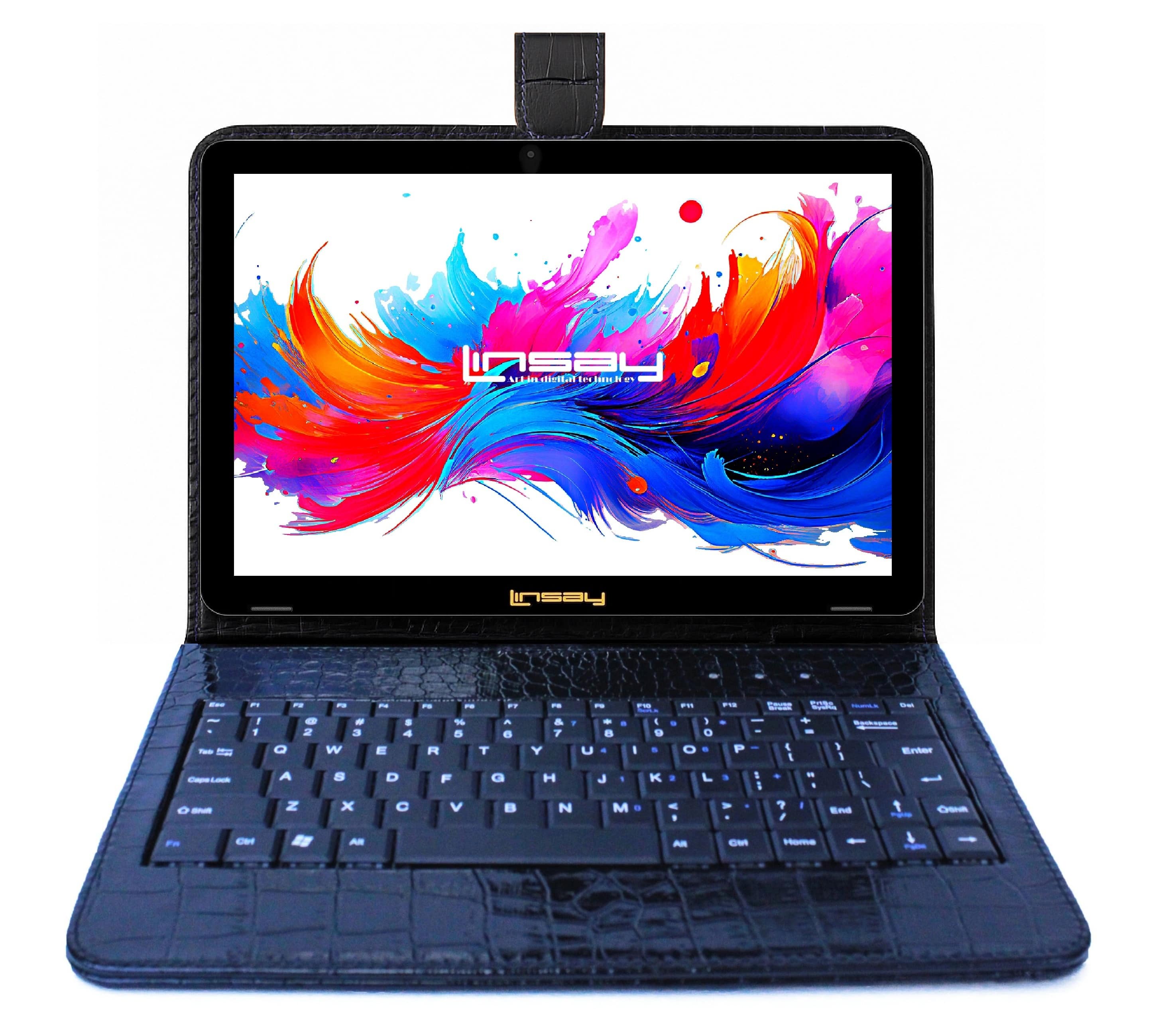 LINSAY tablet with crocodile keyboard in use on a desk
